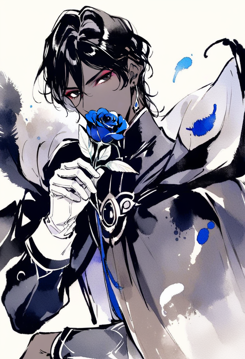 01133-3207046136-masterpiece, best quality,_lora_inkXL_ANI31_lokr_V43P1_0.95_monochrome, watercolor, arjuna _(fate_), 1boy, flower, male focus, s.png